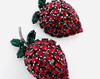 2 Warner Red & Green Rhinestone Strawberry Brooches Signed Vintage Designer Jewelry