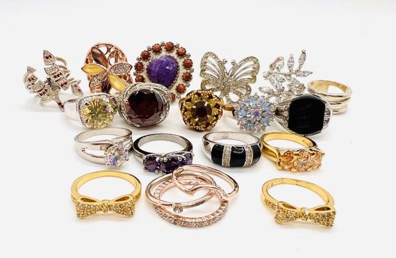 Lot of 20 Costume Rings Cubic Zirconia Glass Rhinestone Signed Vintage Designer Jewelry Etsy