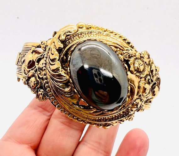 Wide Ornate WHITING & DAVIS Hematite Cabochon Ban… - image 4