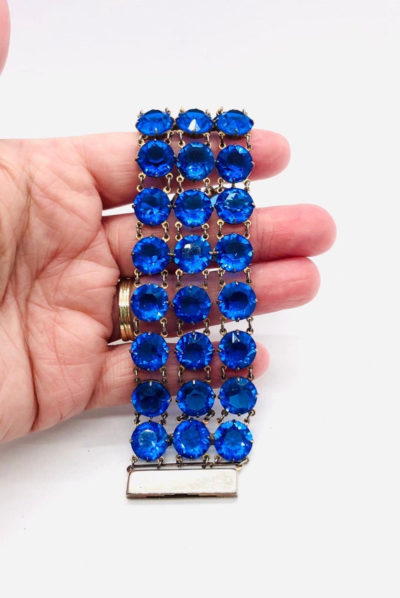 Art Deco Wide Royal Blue Rhinestone Glass Bracele… - image 7