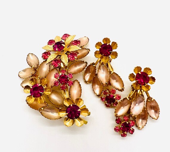 JUDY LEE Frosted Pink Rhinestone Brooch & Earring… - image 4