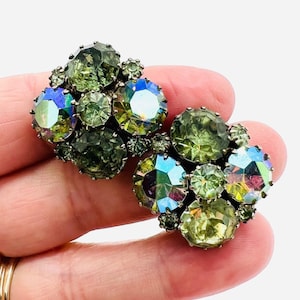 Large WEISS Green & AB Rhinestone Earrings Clip Backs Signed Vintage Designer Jewelry