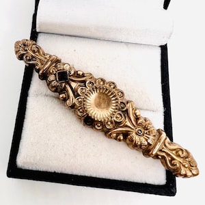 Long Victorian Gold Filled Ornate Repousse Garnet Bar Brooch Antique Jewelry