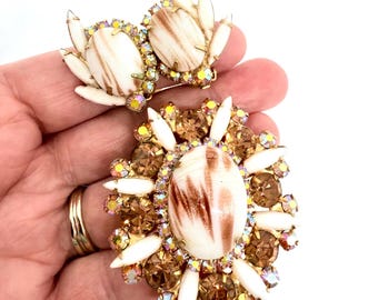 JULIANA Delizza & Elster Copper Fluss Rhinestone Brooch Earrings Vintage Designer Jewelry