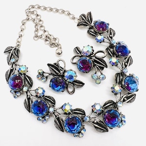 FLORENZA Blue Purple Vitrail Rhinestone Necklace Earrings Signed Vintage Designer Jewelry