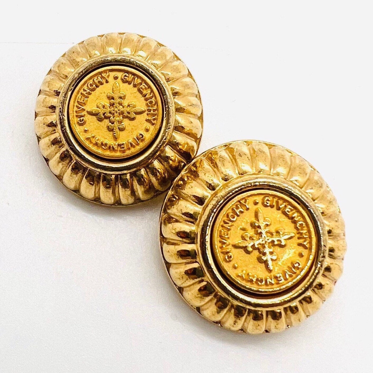 GIVENCHY 80s Coin Medallion Logo Earrings Clip Backs Couture 
