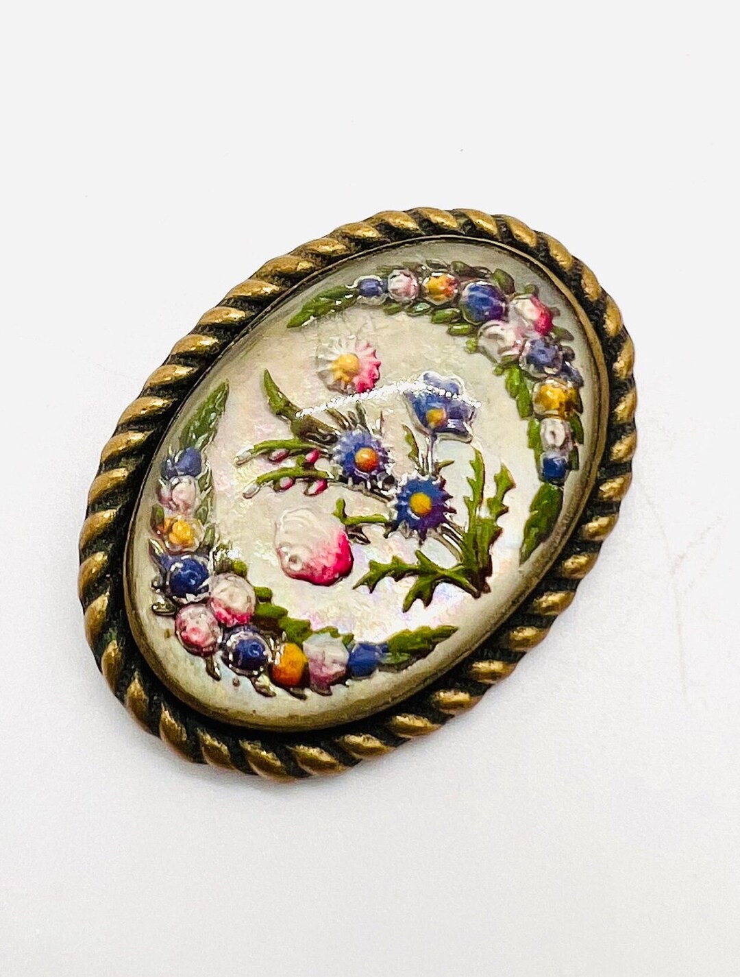 Art Deco Colorful Floral Goofus Glass Brooch Vintage Antique Etsy