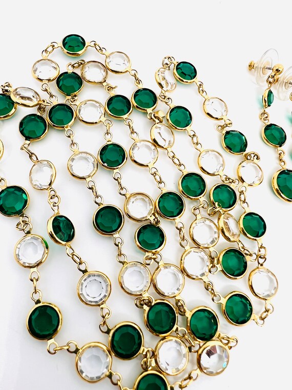 MONET Green Bezel Set Crystal Necklace Earrings D… - image 3