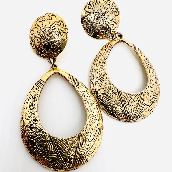 Long Embossed Gold Tone Drop Dangle Earrings 3 In… - image 5