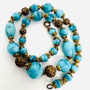 Art Deco Czech Blue Satin Glass & Gilt Filigree Beaded Necklace Vintage Antique Jewelry