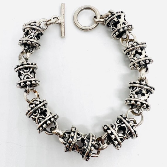Chunky Sterling Silver Mexico Filigree Link Toggle Bracelet 47gm