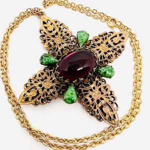 Vintage Art Deco Maltese Cross Necklace: Gilt Filigree, Amethyst & Peking Glass