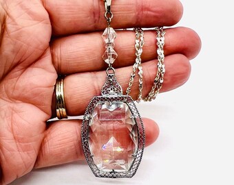 Art Deco Rhodium Plated Clear Faceted Glass Necklace Vintage Antique Jewelry
