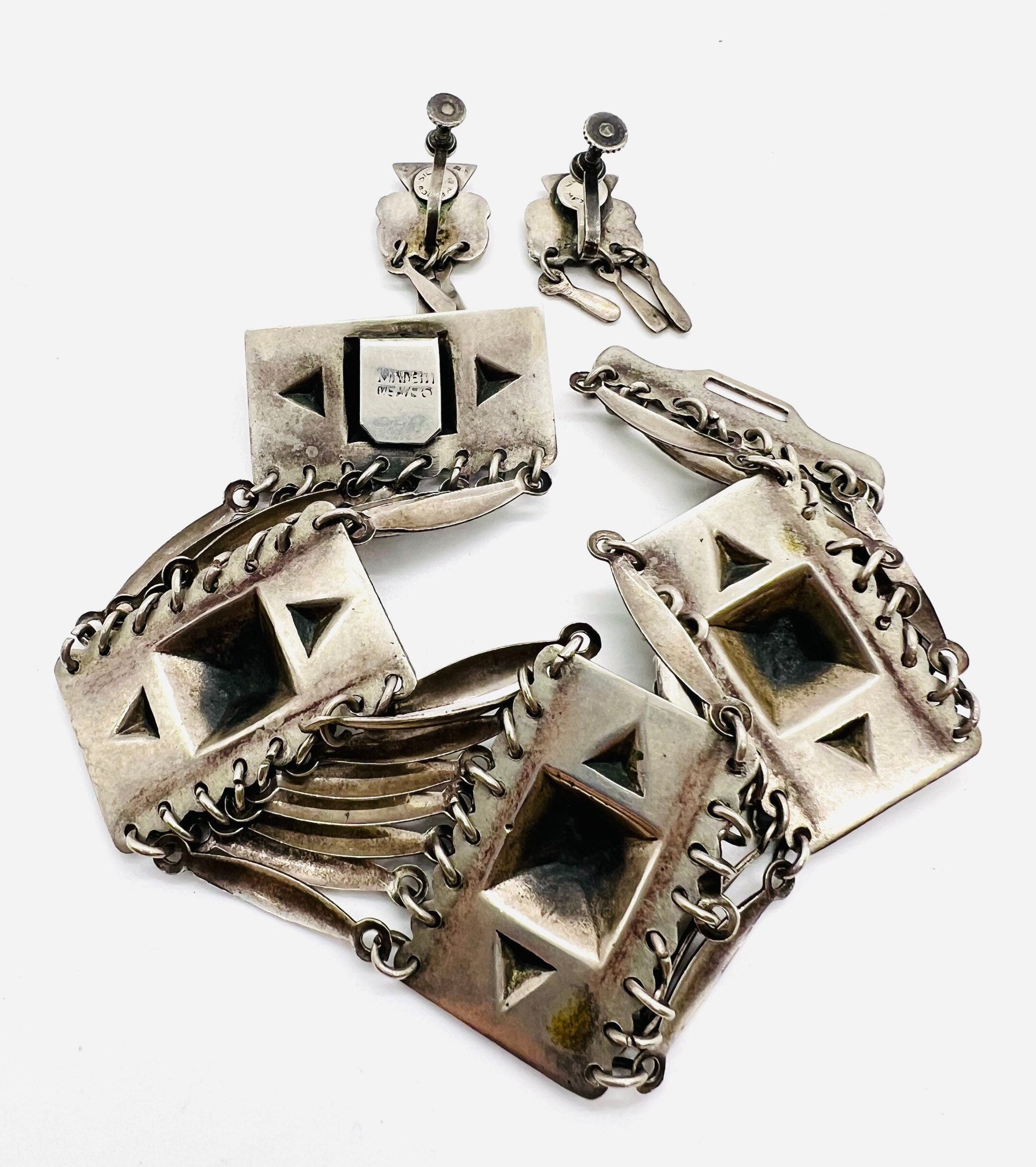 Early Sterling Silver Mexico Mayan Aztec Pyramid Bracelet