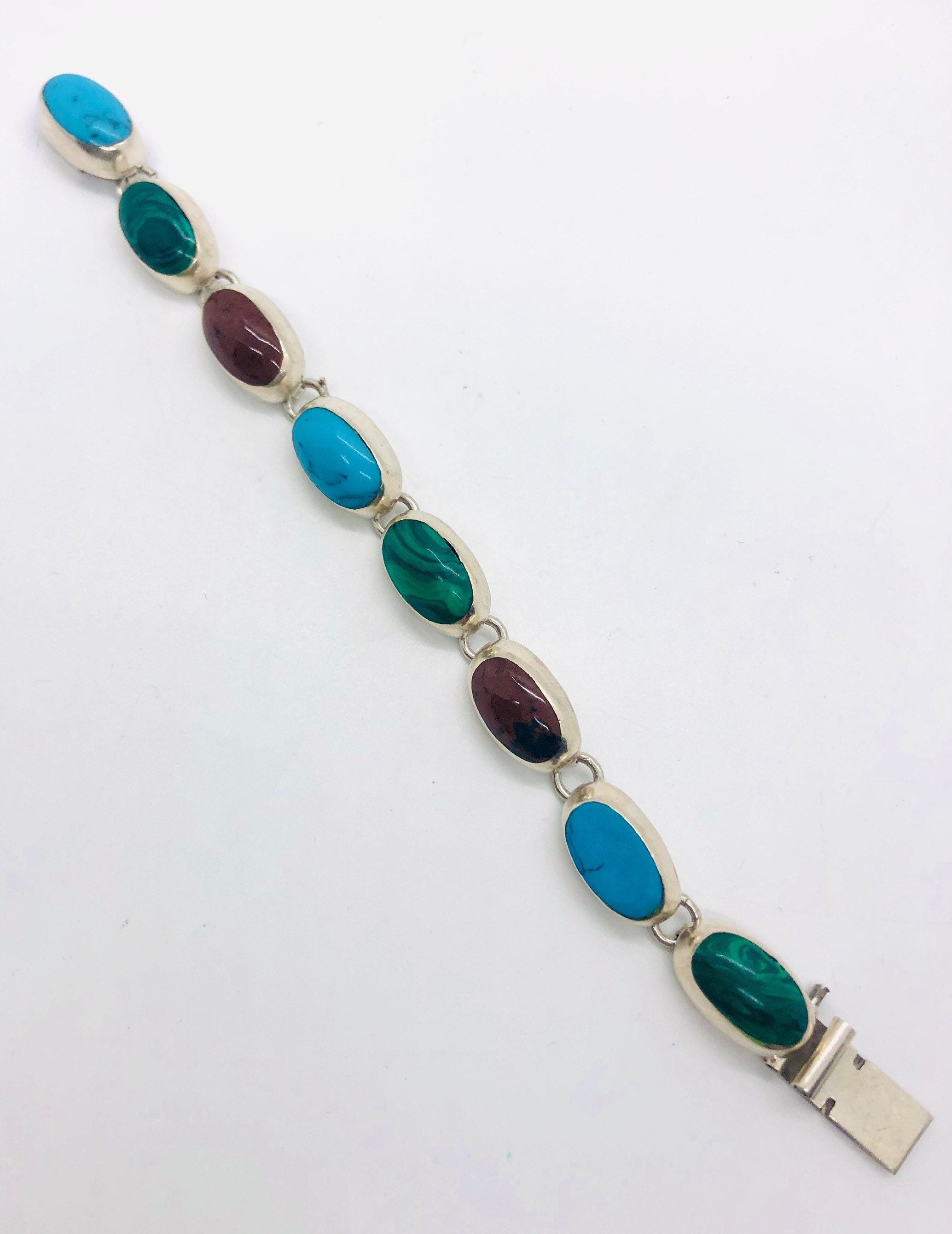 Chunky Sterling Silver Taxco Gemstone Inlay Bracelet Mexico 44gm