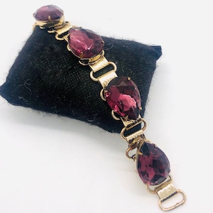Chunky Pear Shaped Amethyst Glass Bracelet Engraved Links Vintage Designer Jewelry