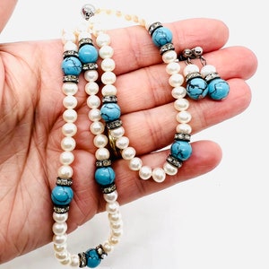 Sterling Silver Turquoise & Pearl Necklace Bracelet Earrings Gemstone Fine Vintage Jewelry