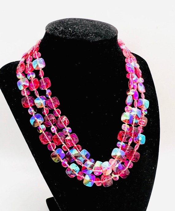 Triple Strand Beveled AB Pink Glass Beaded Bib Ne… - image 2