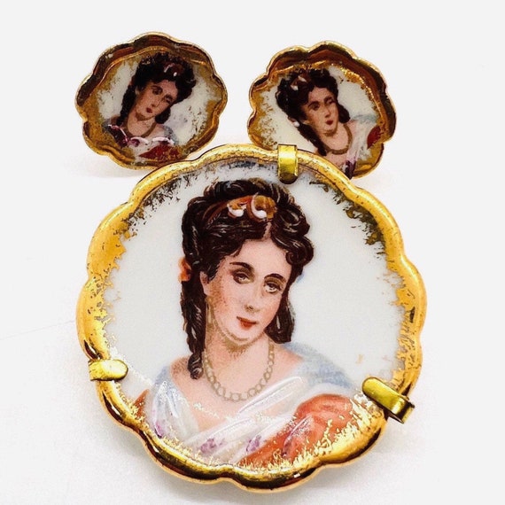 Limoges France Hand Painted Brooch & Earrings Dem… - image 1