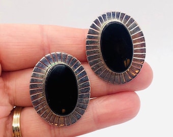 Large TAXCO Mexico Sterling Silver Onyx Modernist Earrings 21gm Fine Vintage Designer Jewelry
