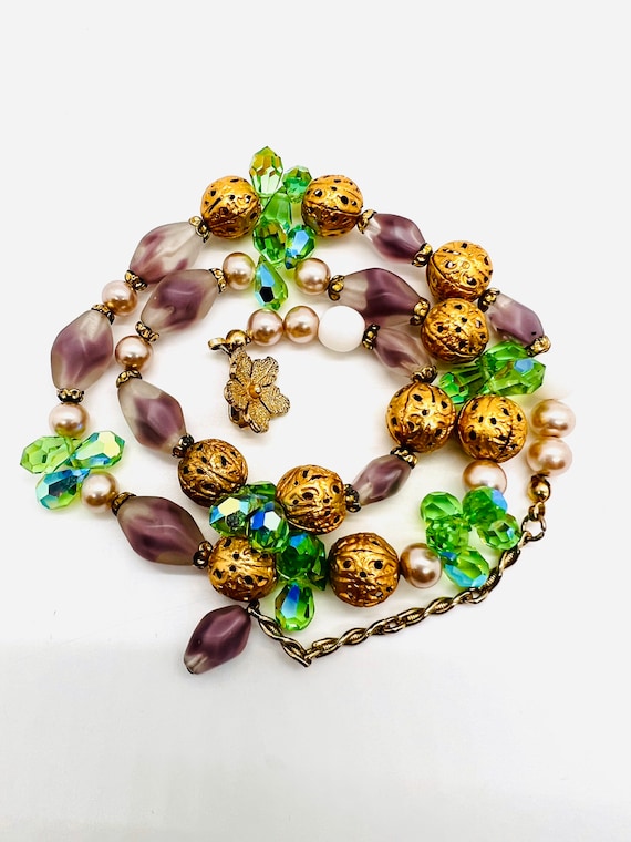 VENDOME Frosted Lavender Givre Glass Beaded Necklace Signed Vintage Designer Jewelry