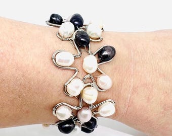 Chunky Sterling Silver Multicolored Genuine Pearl Flower Cuff Bracelet 37gm Fine Vintage Jewelry