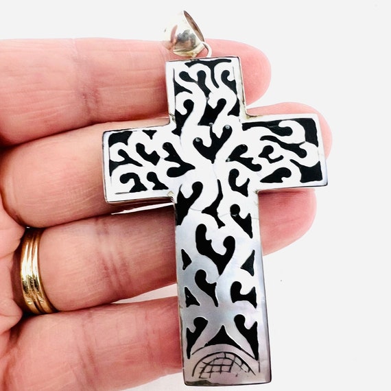 Sterling Silver Inlaid Mother of Pearl Ebony Cros… - image 6