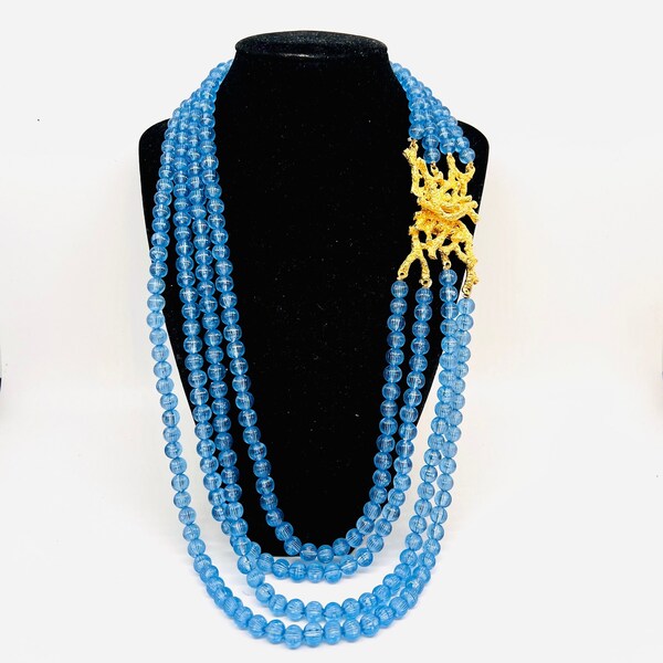 BRANIA Mimi di N Multi Strand Blue Lucite Beaded Necklace Signed Vintage Designer Jewelry