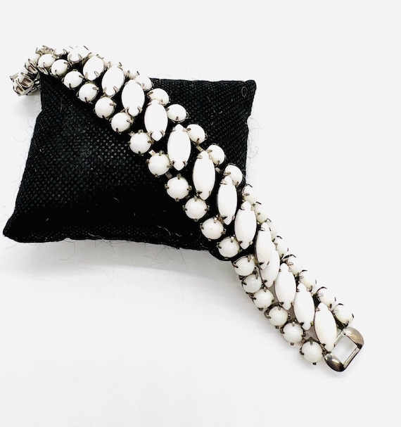 Wide WEISS Milk Glass Rhinestone Bracelet Signed … - image 2