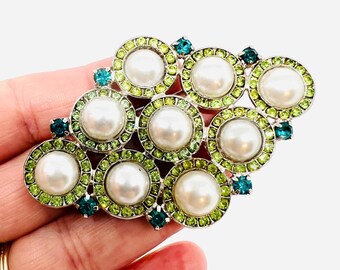 Large HATTIE CARNEGIE Faux Pearl Green Rhinestone Brooch Signed Vintage Designer Jewelry