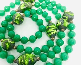 Jade Glass & Art Glass Foil Beaded Necklace 30”Sterling Clasp Czech Art Deco Vintage Jewelry