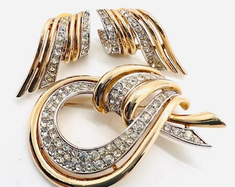 Marcel BOUCHER Rhinestone Brooch & Earrings Demi Pave Set Signed Vintage Designer Jewelry