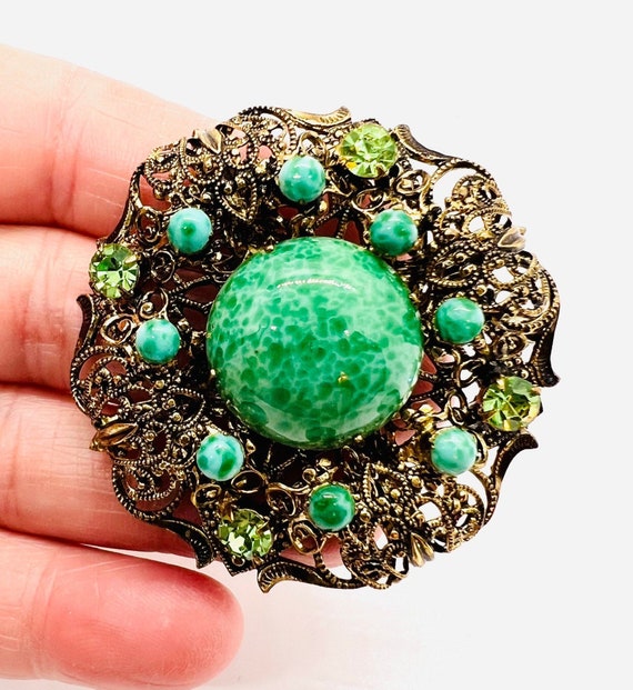 Czech Ornate Peking Glass Filigree Brooch Jade Gl… - image 9