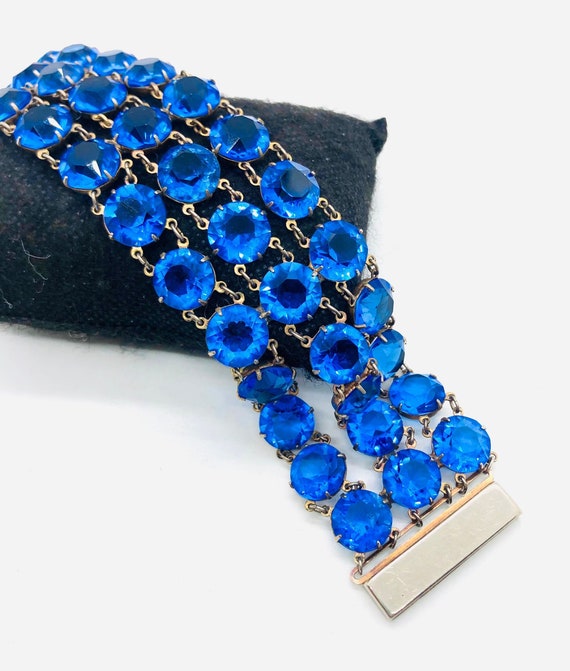 Art Deco Wide Royal Blue Rhinestone Glass Bracele… - image 2