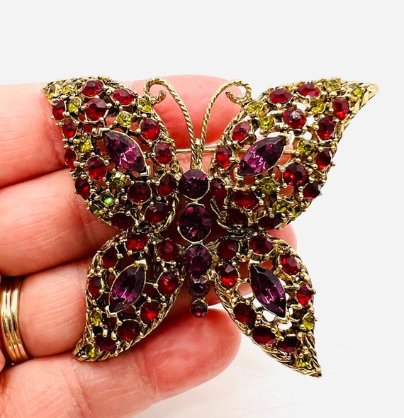 Large Jewel Tone Rhinestone Butterfly Brooch Gold… - image 3