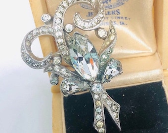 Exquisite Pave Rhinestone Set Bow Brooch Rhodium Plated Vintage Designer Jewelry