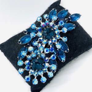Large Montana Blue & AB Rhinestone Spray Brooch Beau Jewels Vintage Designer Jewelry