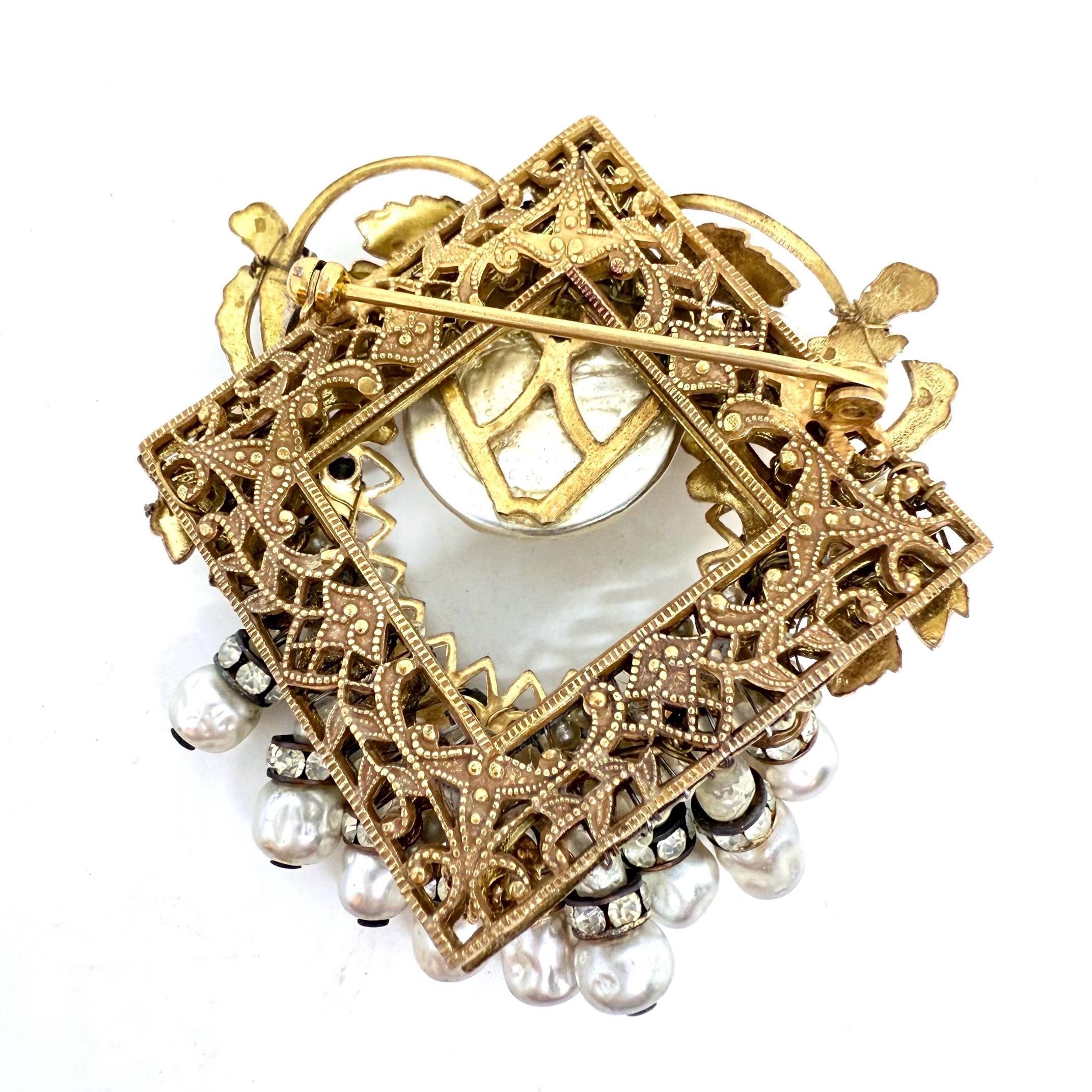 Miriam HASKELL Faux Baroque Pearl & Rhinestone Dangle Brooch
