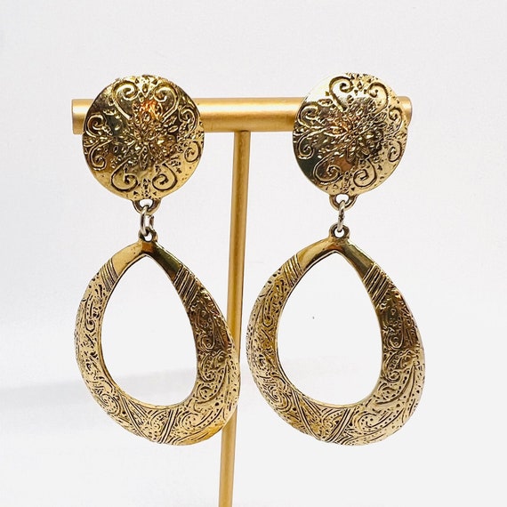 Long Embossed Gold Tone Drop Dangle Earrings 3 In… - image 2