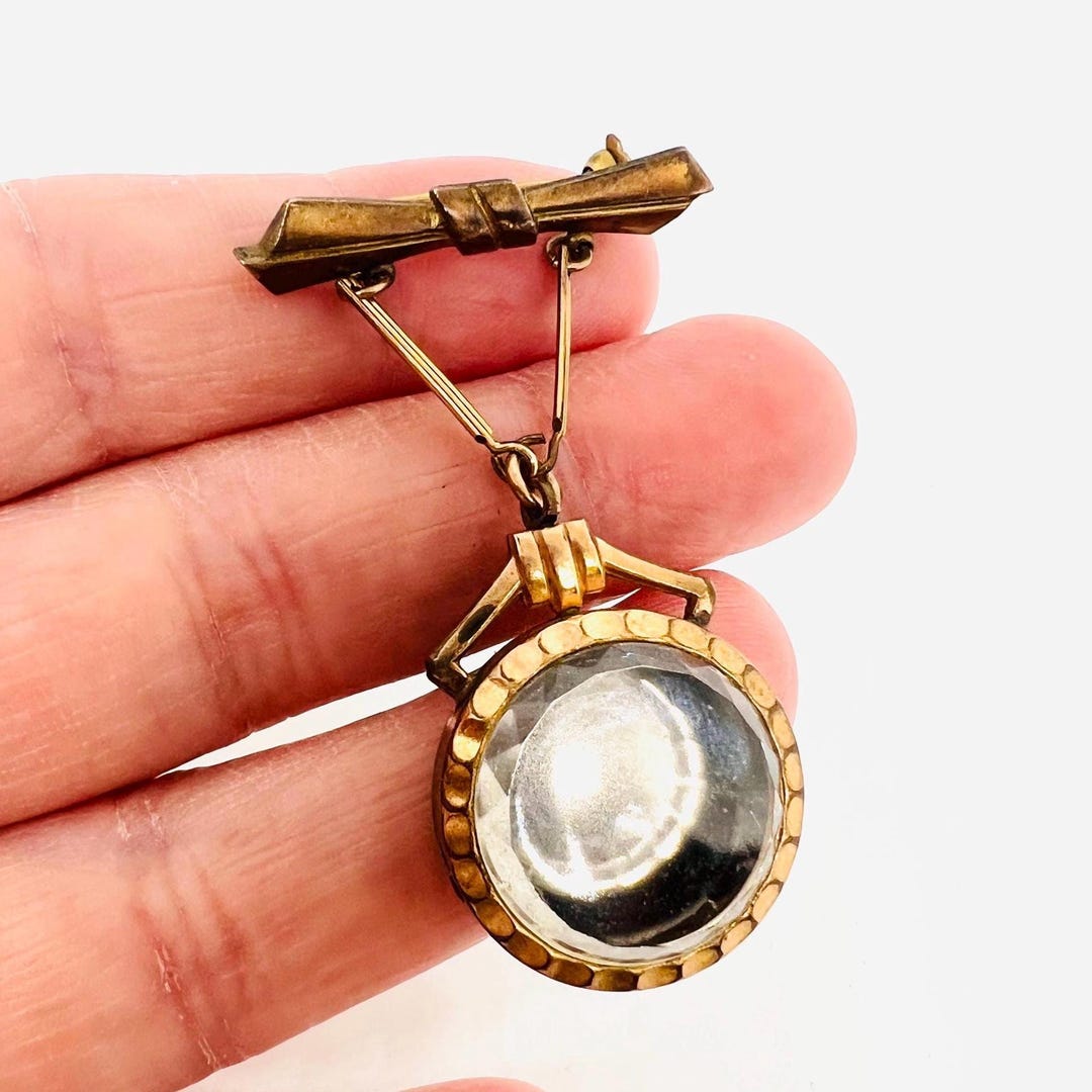 Gold Filled Dangling Watch Pin Brooch Heavy Beveled Crystal Vintage ...