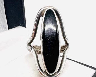 Vintage Sterling Silver Black Onyx Modernist Ring - Size 8.5