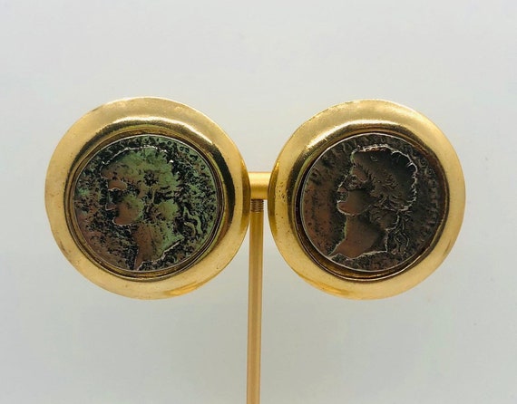 Huge Mega Faux Roman Coin Earrings 80’s Statement… - image 4