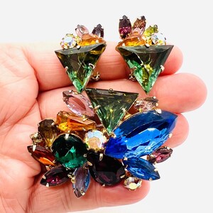 Unusual Fruit Salad Jewel Tone Brooch & Earrings Demi Triangle Shapes Vintage Designer Jewelry