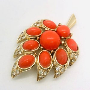 Faux Coral Cabochon & Pave Rhinestone Leaf Brooch Gold Plated Vintage Designer Jewelry