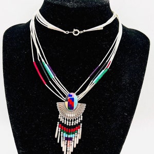 QT QUOC Navajo Liquid Sterling Silver Concho 5 Strand Necklace Inlaid Gemstone Fine Vintage Designer Jewelry