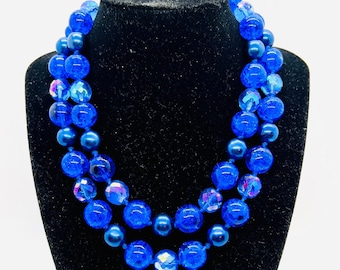 West Germany Cobalt Blue Crackle Glass Beaded Necklace Signed Vintage Designer Jewelry