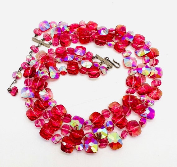 Triple Strand Beveled AB Pink Glass Beaded Bib Ne… - image 3