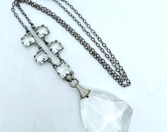 Art Deco Rhodium Plated Clear Faceted Glass Necklace Vintage Antique Jewelry