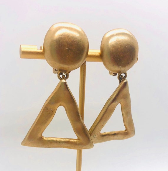 Long Matte Gold Tone Drop Dangle Earrings Moderni… - image 4