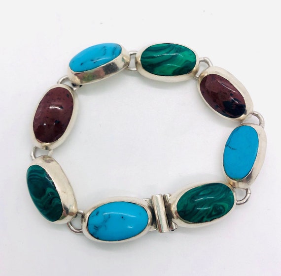 Chunky Sterling Silver Taxco Gemstone Inlay Bracelet Mexico